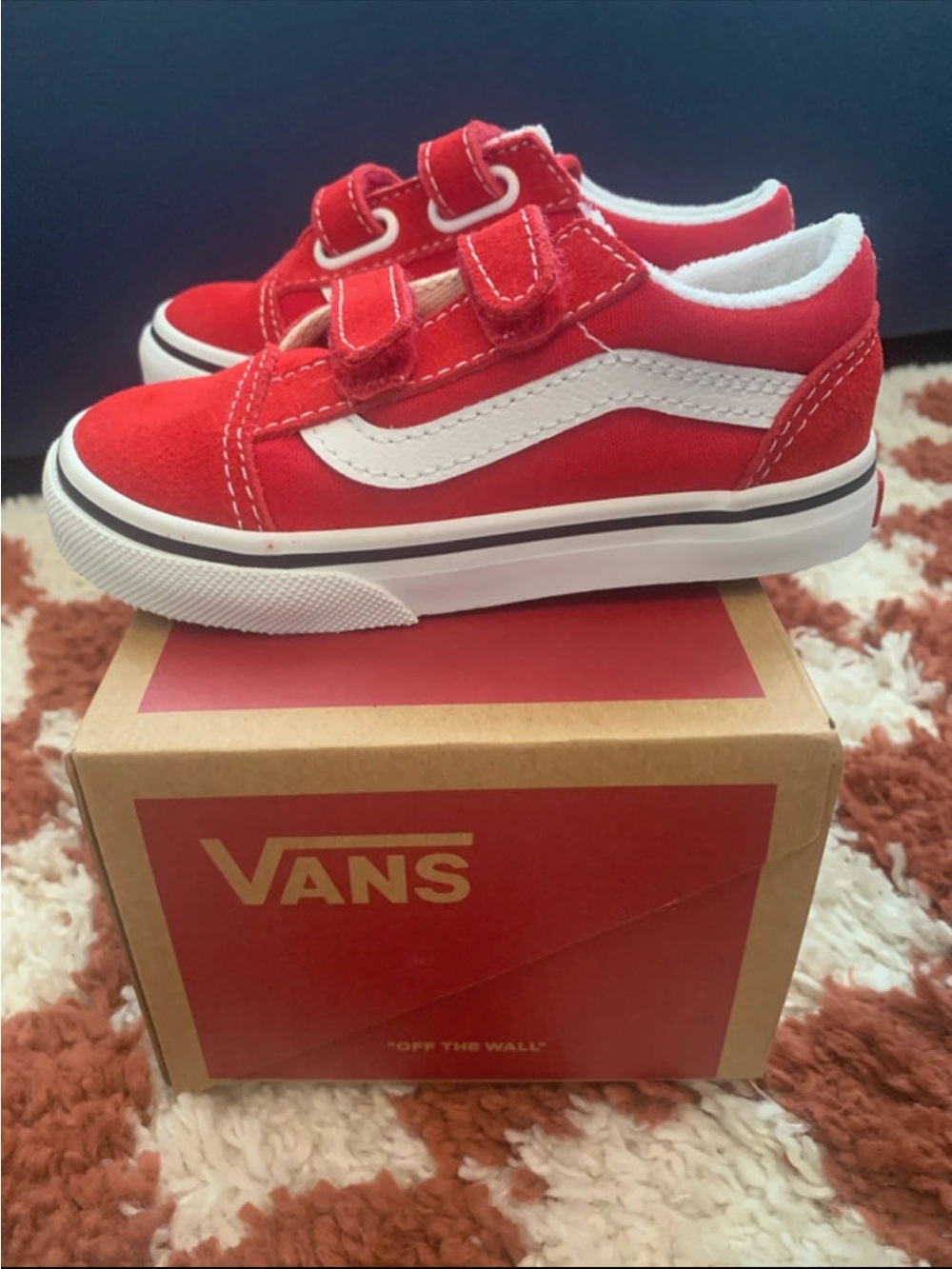 Vans Kids Red Velcro Old Skool Sneakers with White Stripe